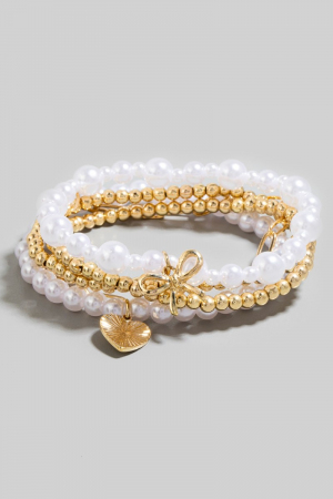 Heart Charm Pearl And Metallic Beads Bracelet Set