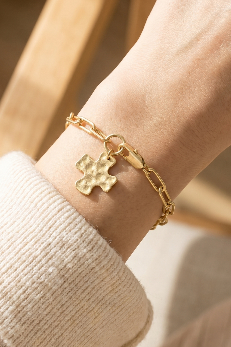 Hammered Square Cross Charm Paperclip Chain Bracelet