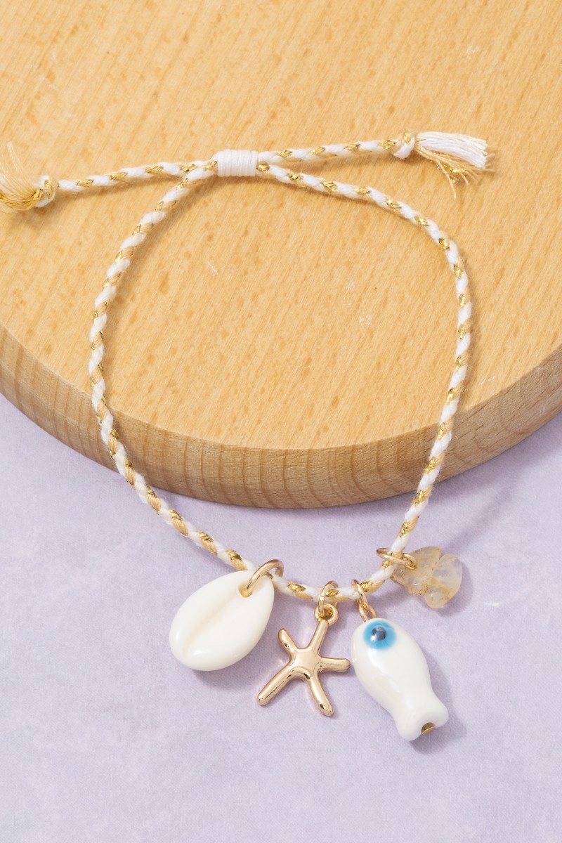 Mixed Metallic And Ceramic Sea Life Charms Cord Bracelet