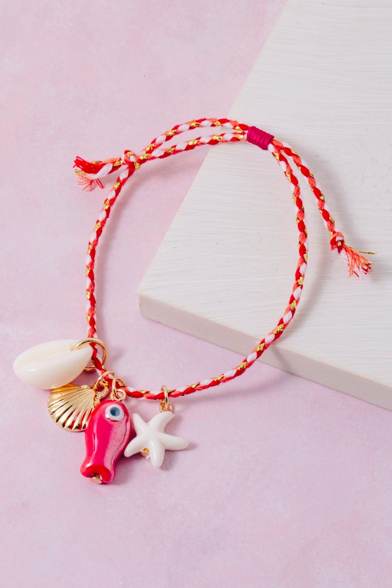 Acrylic Sea Life Charms Braided Red Cord Bracelet