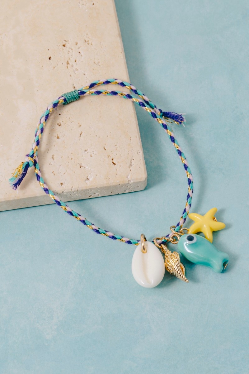 Acrylic Sea Life Charms Braided Turquoise Cord Bracelet