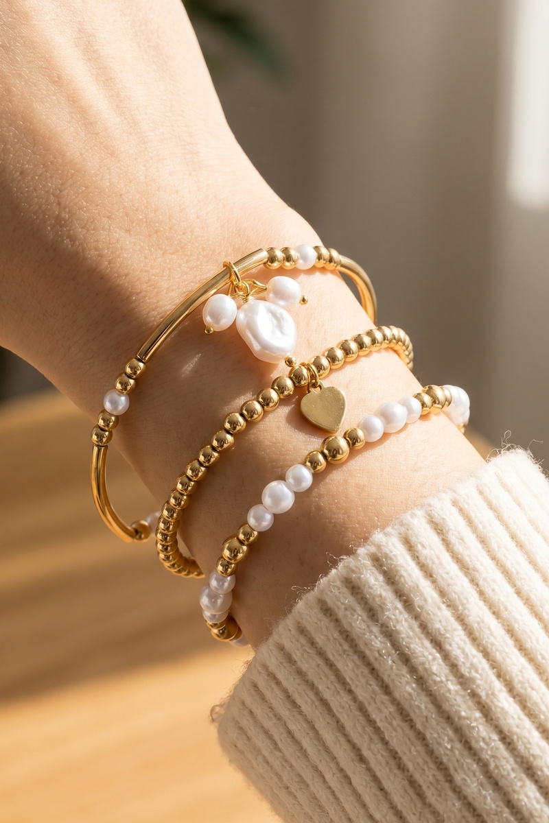 Pearl And Gold Bead Layering Bracelet Set