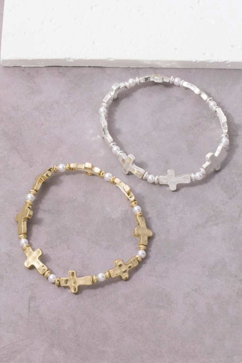 Cross & Pearl Beaded Stretch Bracelet