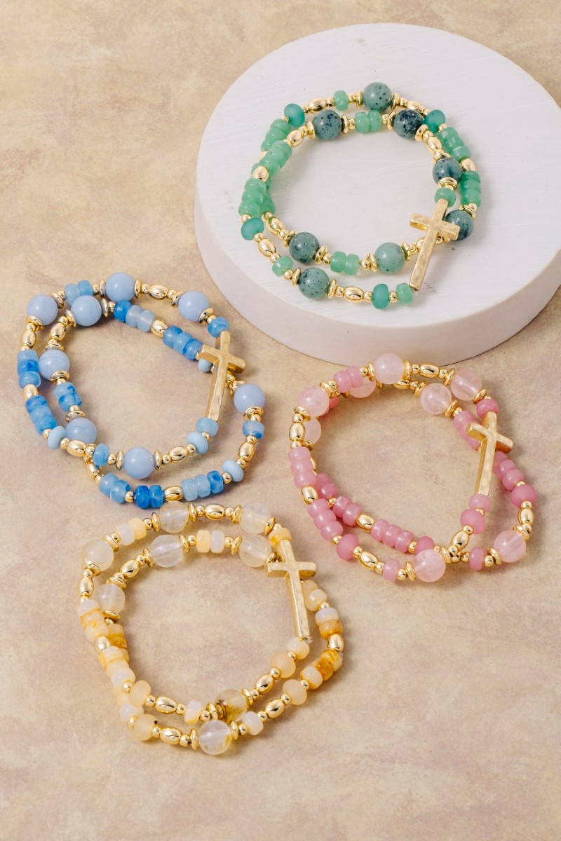 Cross Charm Mixed Beaded Bracelet Set