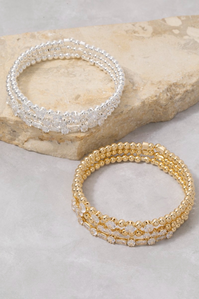 Mixed Cz & Ball Bead Stretch Bracelet Set