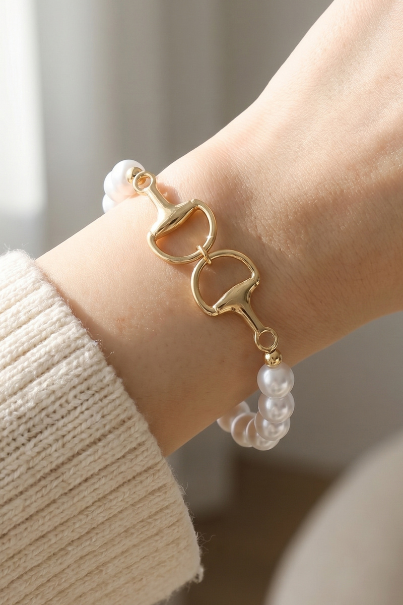 Pearl Bead Gold Snaffle Bit Connector Bracelet