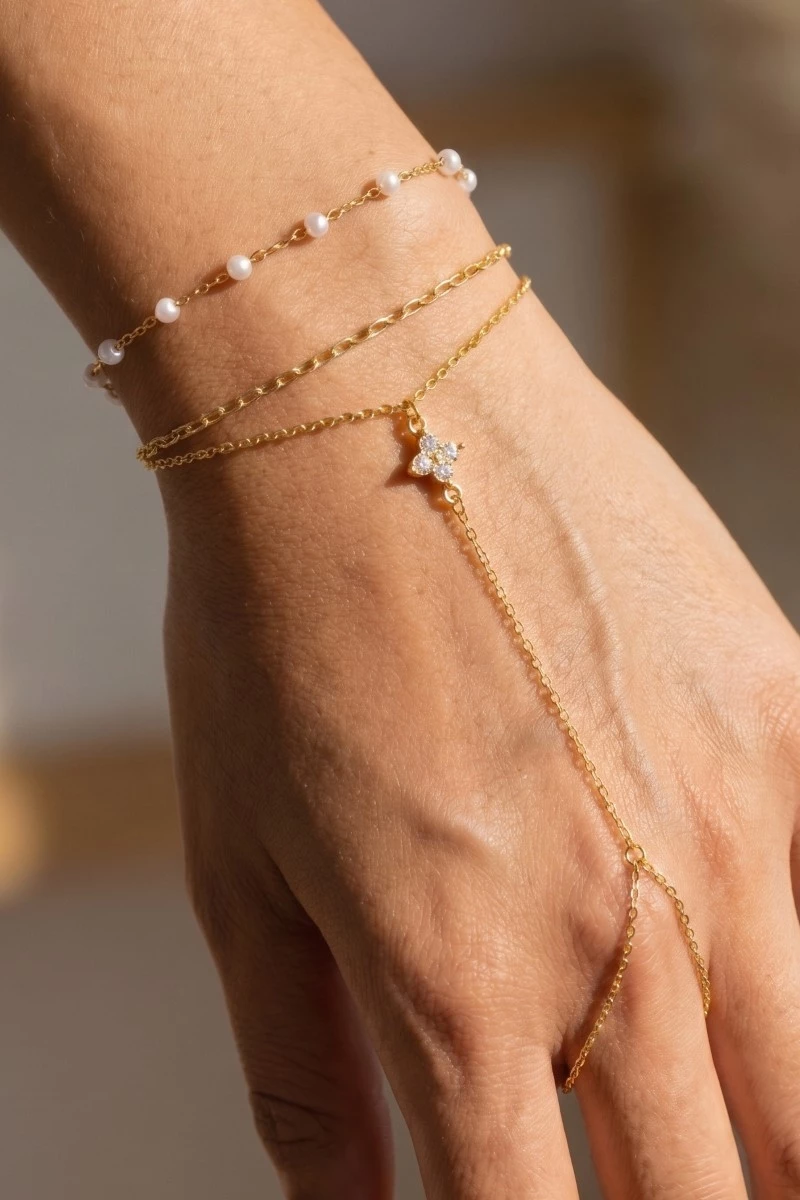 Pearl Cz Flower Charm Layered Hand Chain Bracelet