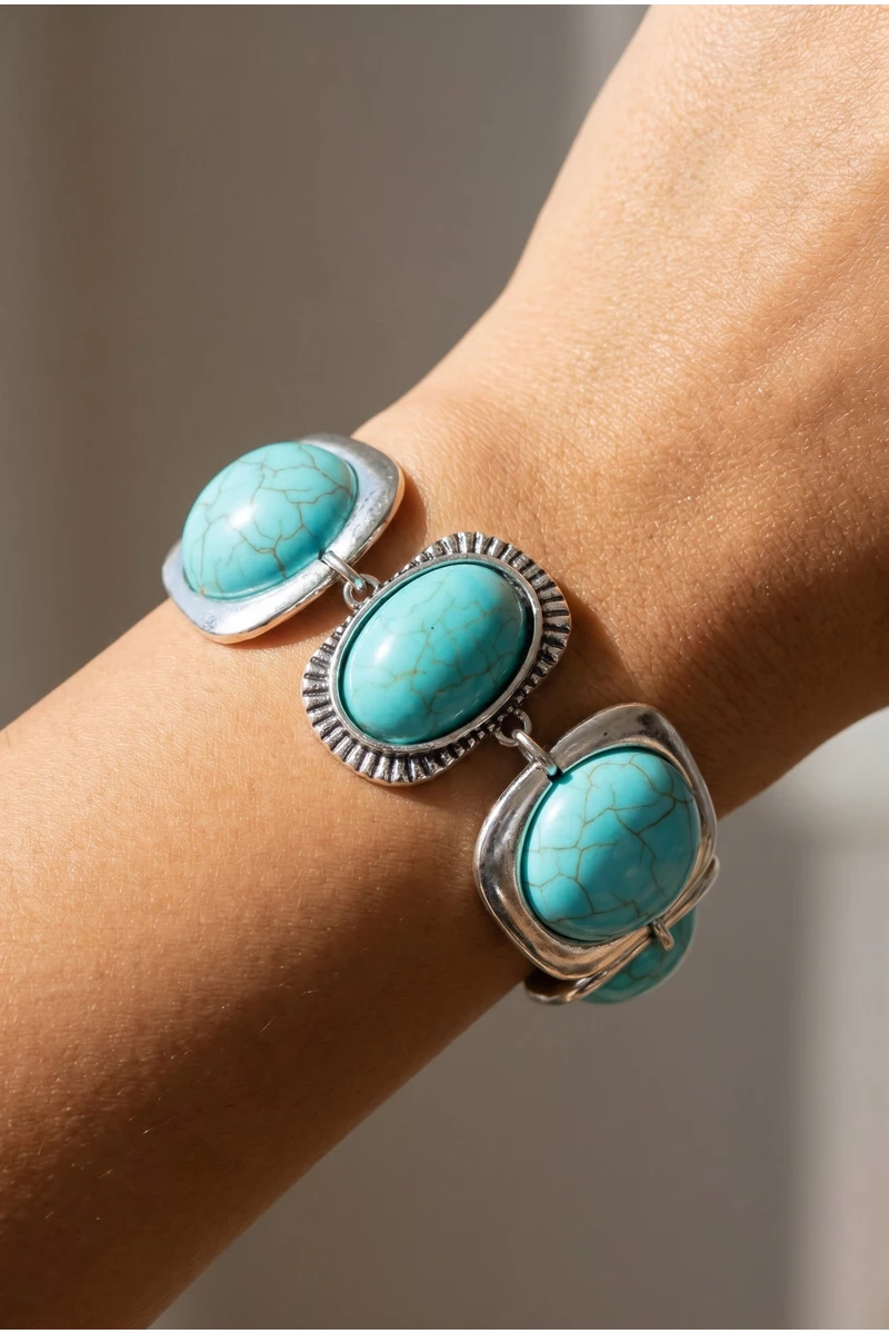 Turquoise Stone Mixed Frame Link Bracelet