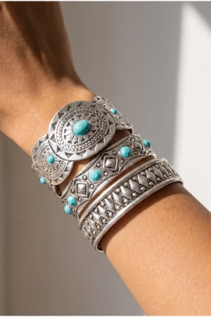 Turquoise Stone Engraved Cuff Bracelet Set