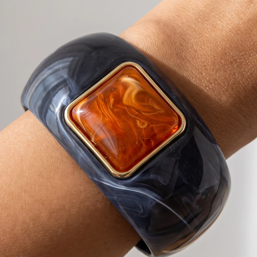 Wide Marbled Cuff Bracelet With Square Stone