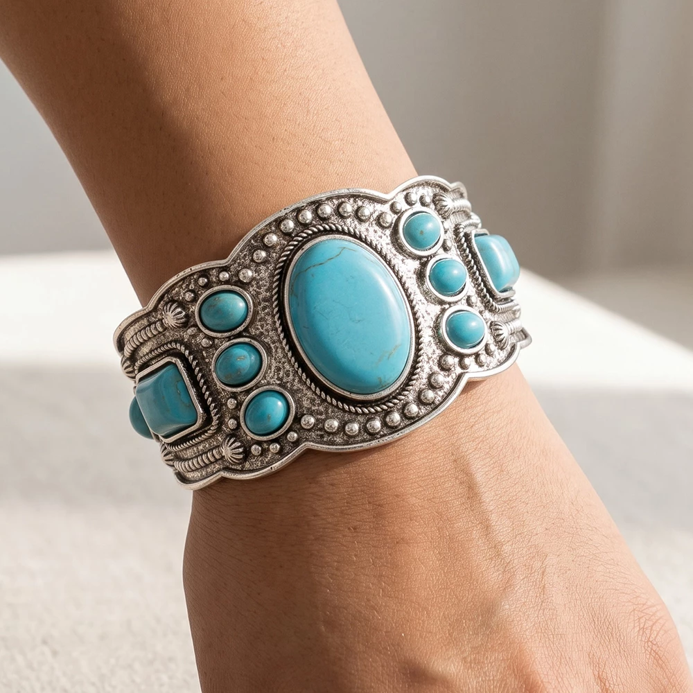 Turquoise Cluster Wide Concho Cuff Bracelet