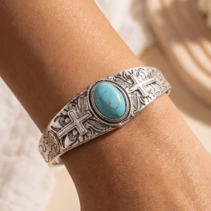 Turquoise Engraved Cross Cuff Bracelet