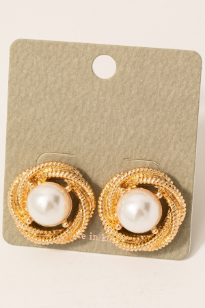 Pearl Stud Metallic Knot Stud Earrings