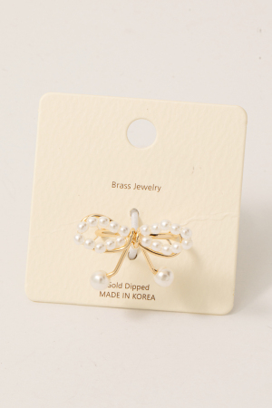 Gold Dipped Pearl Studded Ribbon Bow Band Ring