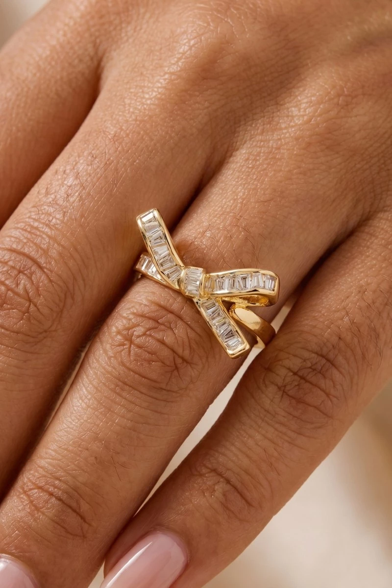 Baguette Pave Ribbon Bow Band Ring
