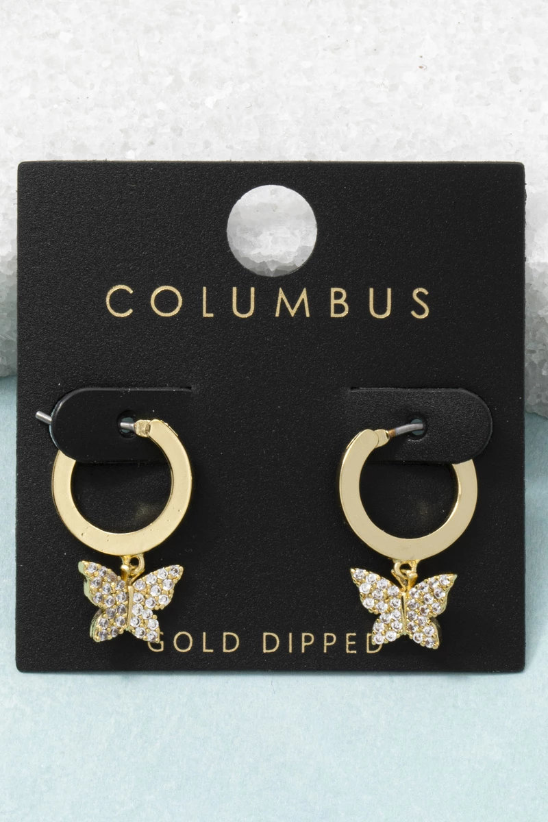 Gold Dipped Pave Butterfly Charm Hoop Earrings