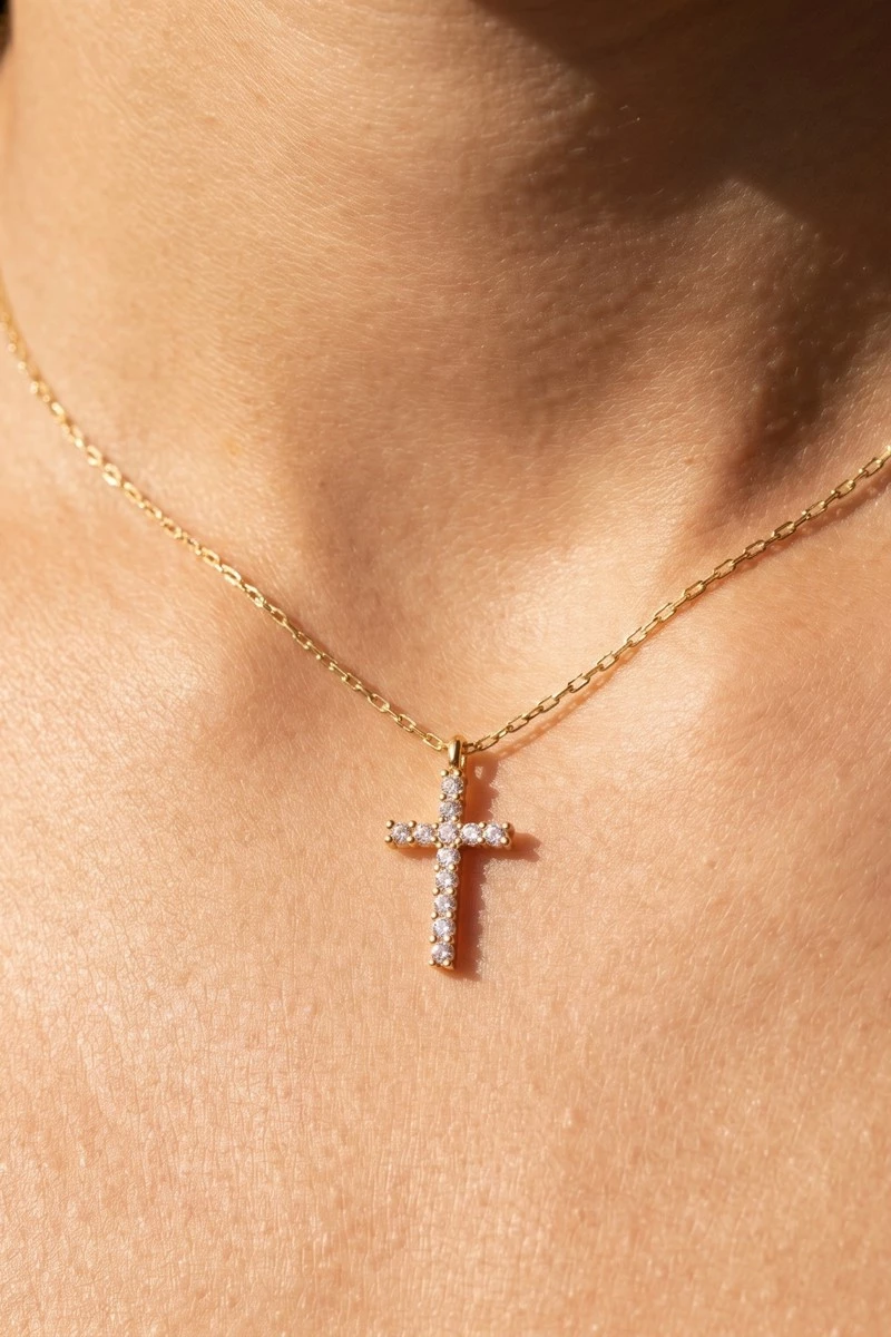 14K Gold Dipped Cross Pendant Rope Chain Necklace
