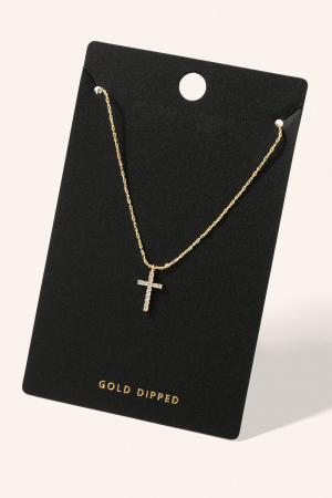 Gold Dipped Rhinestone Cross Pendant Necklace