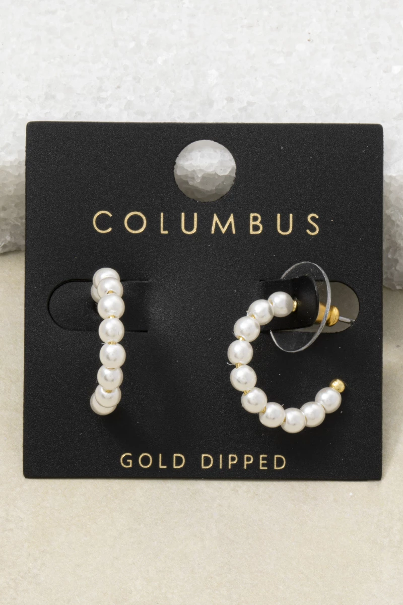Gold Dipped Pearl Beaded Open Hoop Earrings