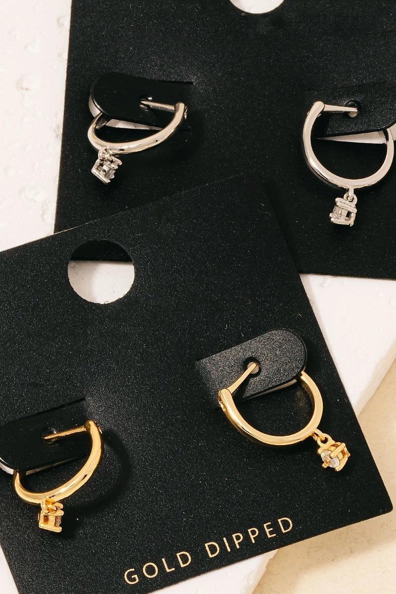 Gold Dipped Mini Rhinestone Stud Latch Hoop Earrings
