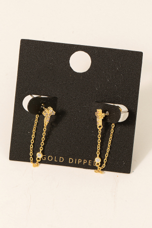 Pave Cross Stud Chain Dangle Earrings