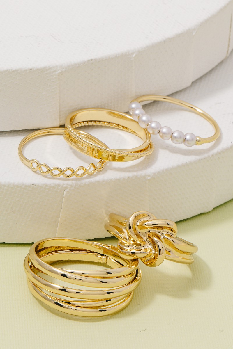 Gold Dipped Mixed Pearl Studded Band Rings Set