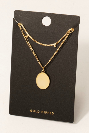 Oval Gold Dipped Pendant Layered Chain Necklace