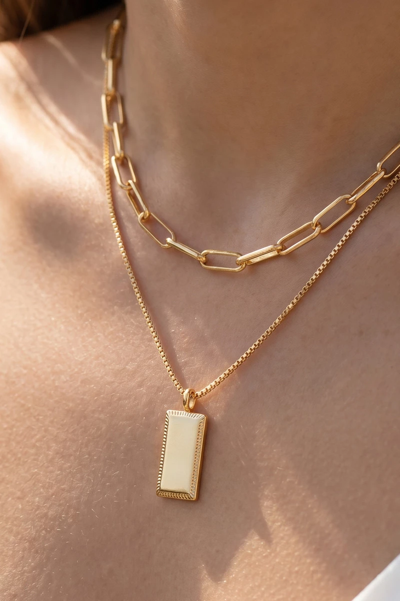 14K Gold Dipped Bar Pendant Double Layer Necklace