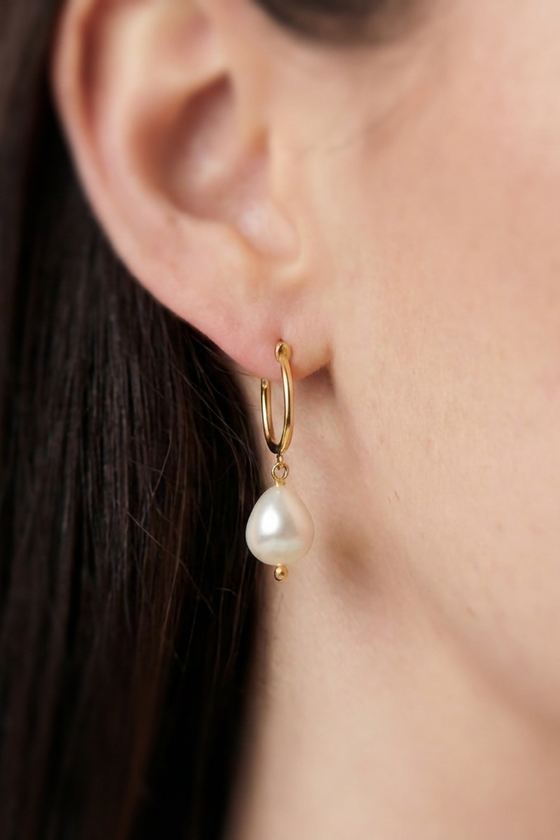 Gold Dipped Pearl Charm Latch Hoop Earrings