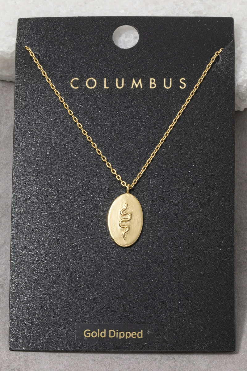 Gold Dipped Snake Embossed Oval Pendant Necklace