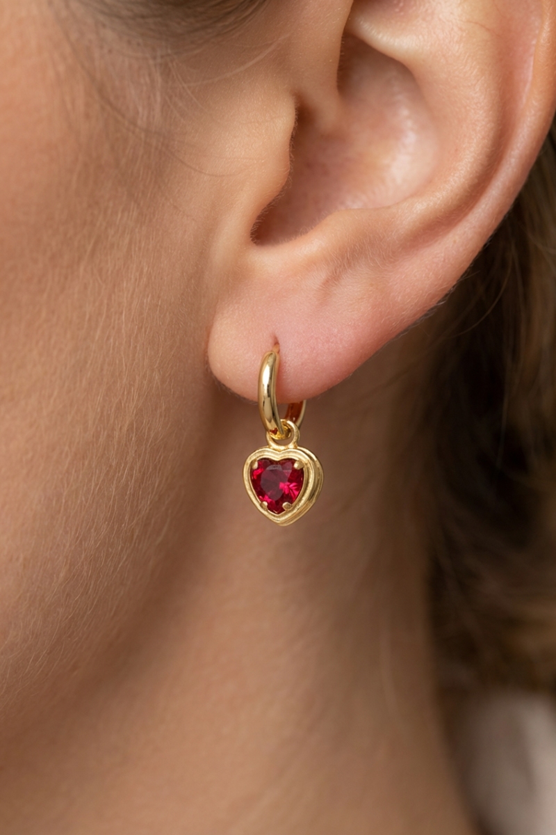 Gold Dipped Red Cz Heart Charm Hoop Earrings