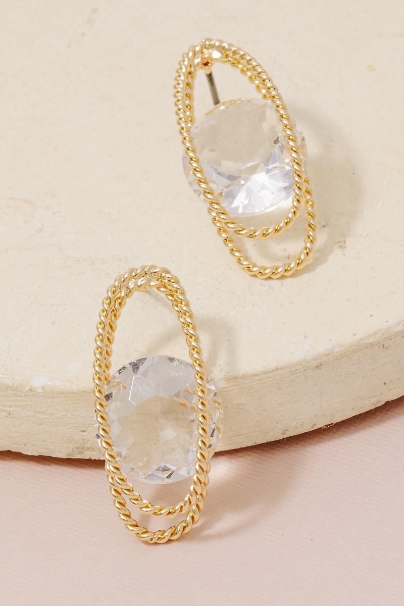 Metallic Oval Rope And Faceted Gem Stud Drop Earrings