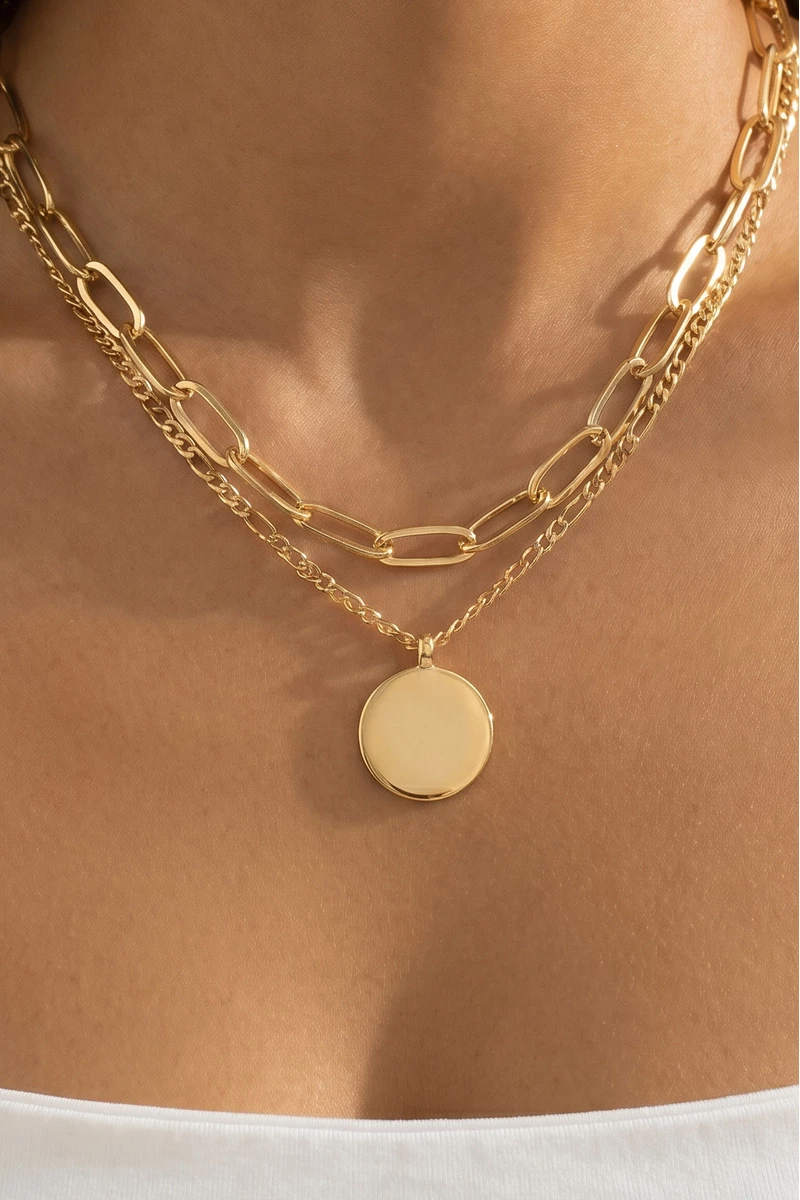Layered Paperclip Chain Coin Pendant Necklace
