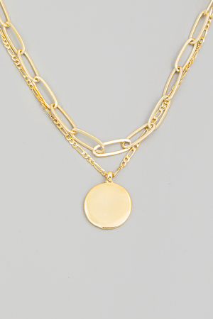 Gold Dipped Layered Chain Circle Disc Pendant Necklace