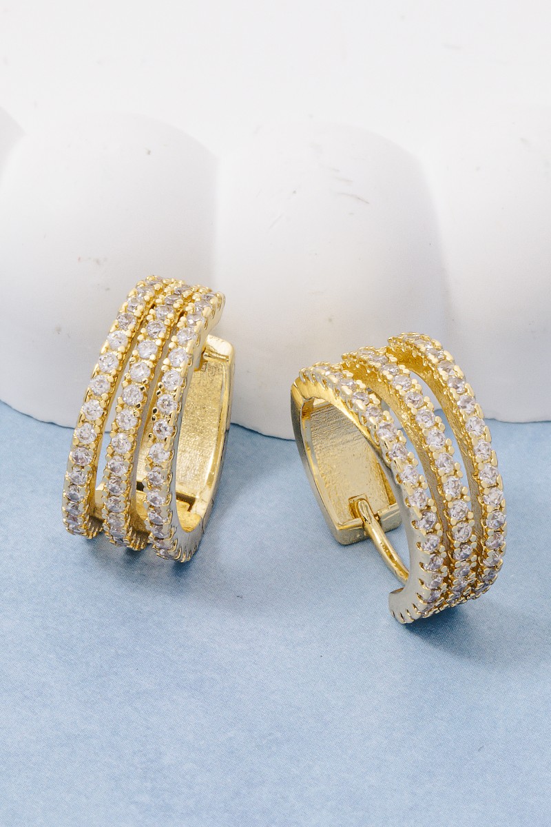 Gold Dipped Cz Pave 3 Row Wide Hoop Earrings