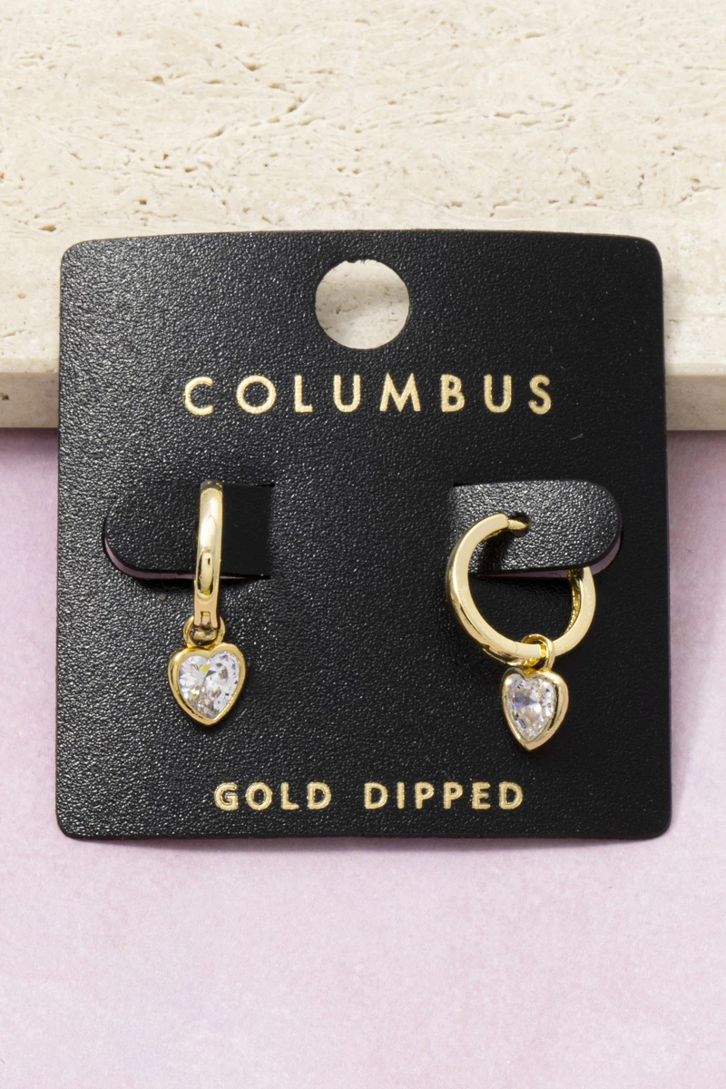 Gold Dipped Bezel Cz Heart Charm Huggie Earrings