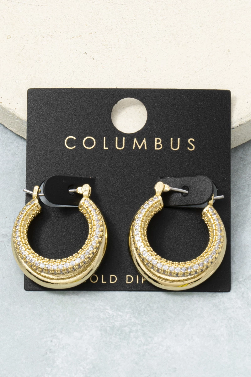 Gold Dipped Triple Row Pave Cz Hoop Earrings