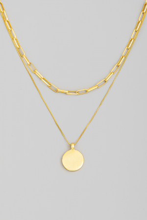 Gold Dipped Coin Pendant Layered Chain Link Necklace