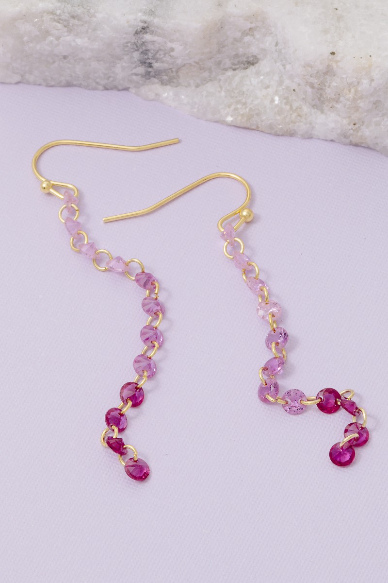 Gold Dipped Pink Cz Gradient Chain Dangle Earrings