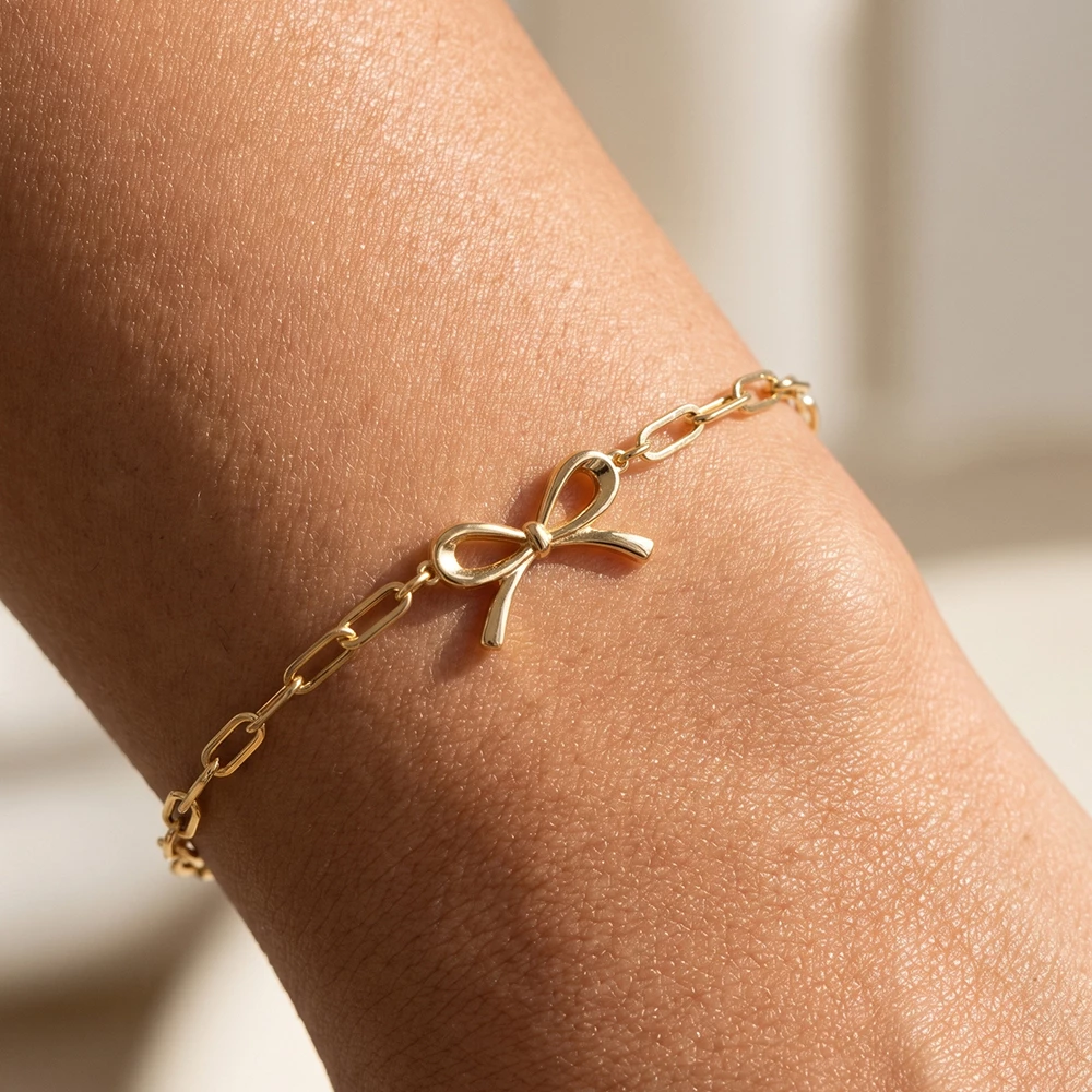 Gold Dipped Paperclip Chain Bow Charm Bracelet