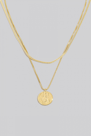 Gold Dipped Coin Pendant And Cz Charm Layered Chain Necklace