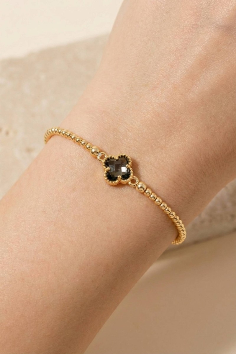 Gold Dipped Faceted Clear Glass Clover Charm Beaded Bracelet