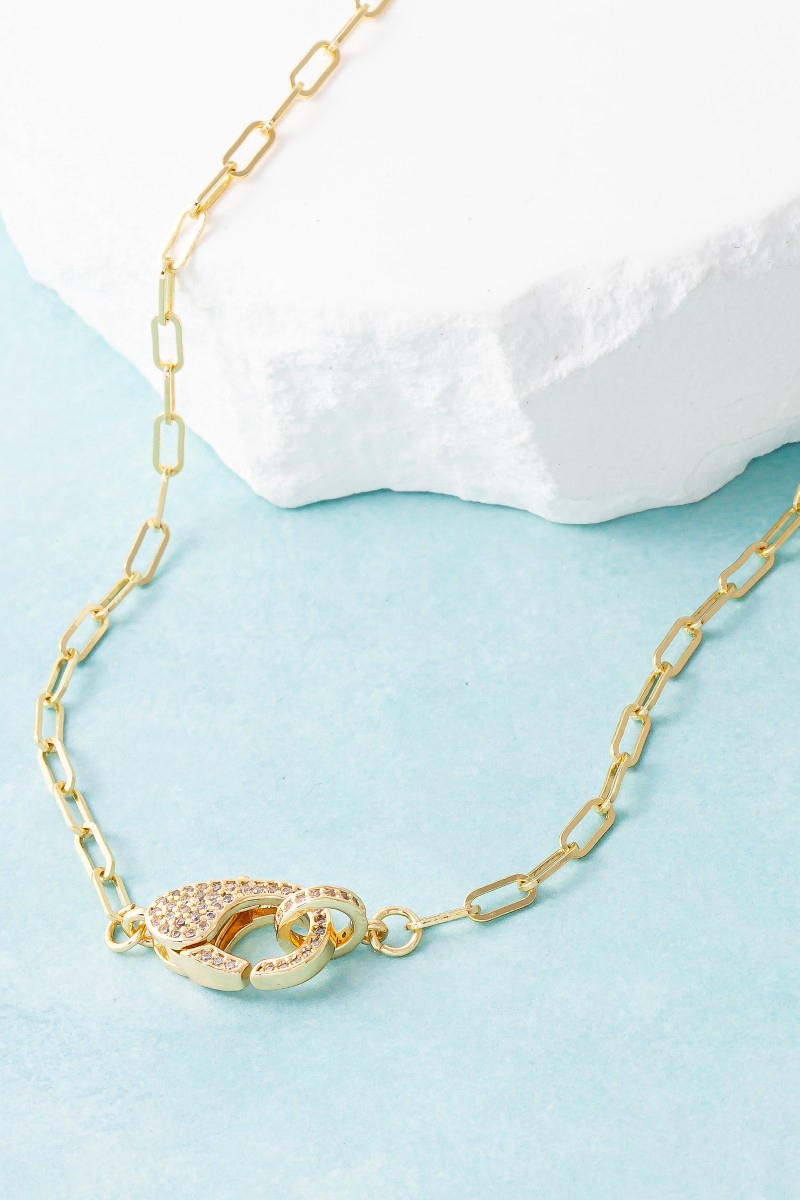Pave Carabiner Clasp Paperclip Chain Necklace