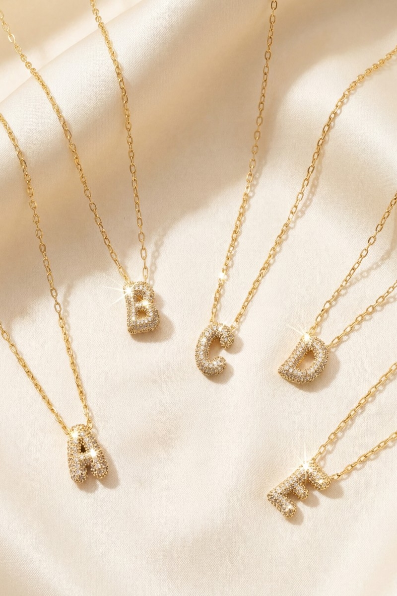 Gold Dipped Cz Pave Bubble Letter Pendant Necklace