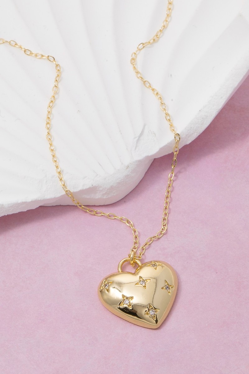 Gold Dipped Mini Cz Stars Heart Pendant Necklace