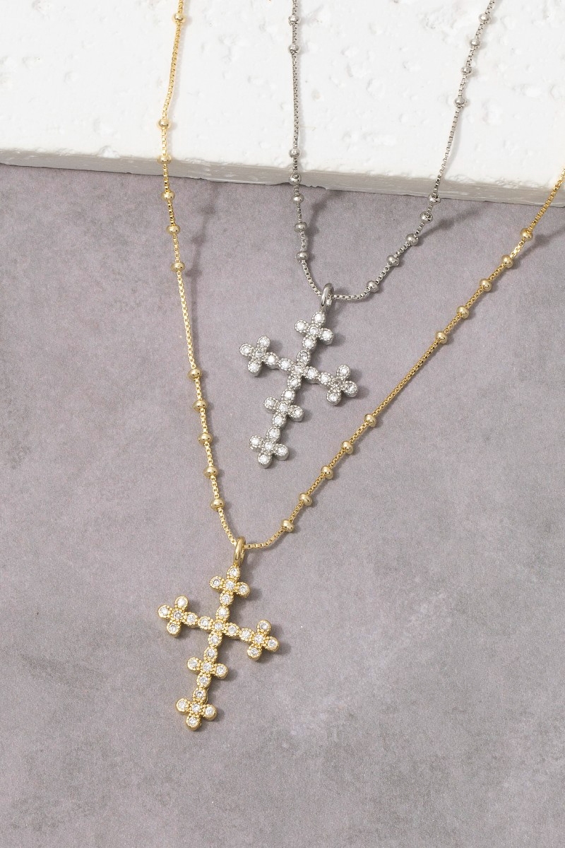 Gold Dipped Cz Ornate Cross Pendant Necklace