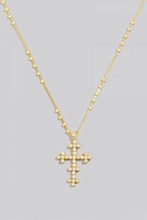 Gold Dipped Cz Ornate Cross Pendant Necklace