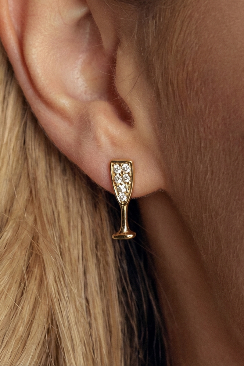 Gold Dipped Cz Pave Champagne Glass Stud Earrings