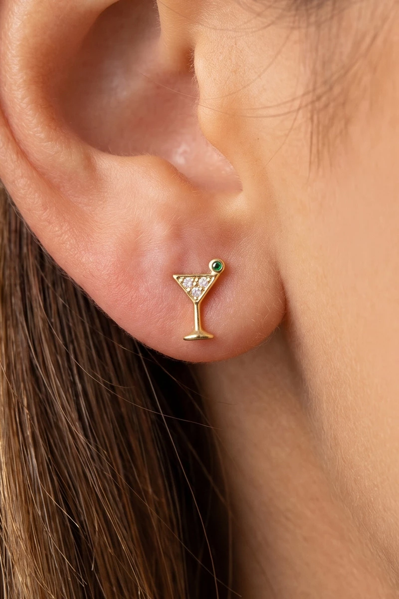 Gold Dipped Martini Glass Cz Stud Earrings