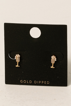 Gold Dipped Cz And Pearl Champagne Glass Stud Earrings